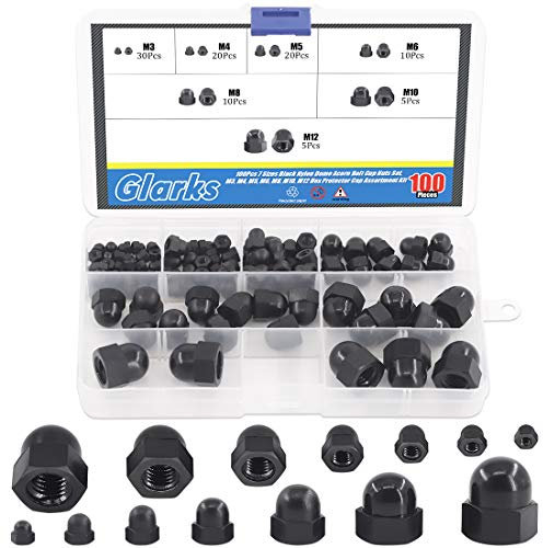 Glarks Juego de 100 tuercas de nailon negro con cúpula de bellota de 7 tamaños, M3, M4, M5, M6, M8, M10, M12, kit surtido de tapas protectoras hexagonales para proteger roscas y pernos