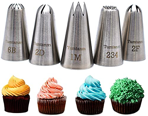Tumtanm 5 Pack Stainless Steel Seamless Large Icing Piping Nozzles, DIY Icing Nozzle Tool for Cupcakes