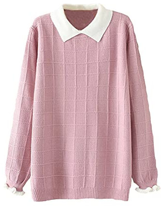 FTCayanz Femme Pull Tricoté Manches Longues Chandail Chic Ample Pullover Sweater Élégante Col Chemise Sweat Shirt Rose M