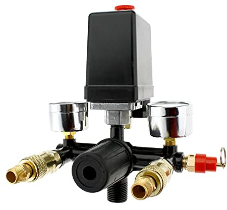 eMagTech Einphasiger Luftkompressor Druckschalter Steuerventil Manometer 1/4 Zoll BSP Einstellbarer Regler Kit Twin Ausgänge und Sicherheitsventil-Messgeräte Regler