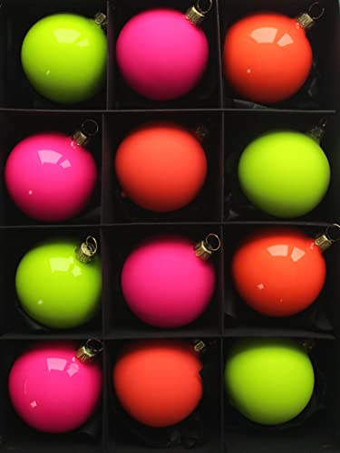 Lichte Thüringer Christbaumschmuck Exclusiv NEON Glaskugeln bunt 6cm Handarbeit Germany 12er Set, Pink Orange Gelb