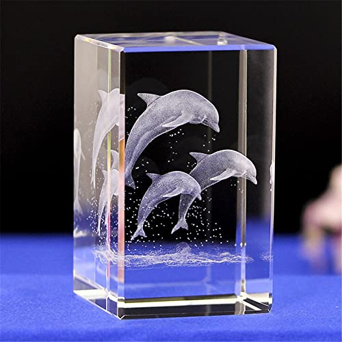 VVW&LIU Kristallglas-Delphin-Ornament-Modell, 3D-geätzte Kristall-Delfin-Figur, Tier-Kristallglas-Würfel, Gravur-Delphin, L