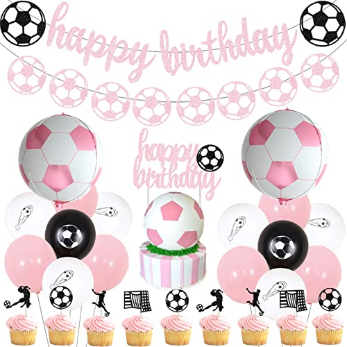 Sursurprise Fußball Party Dekorationen für Mädchen - Rosa Fußball Banner Girlande Kuchen Topper Ballon für Sport Thema Party Supplies
