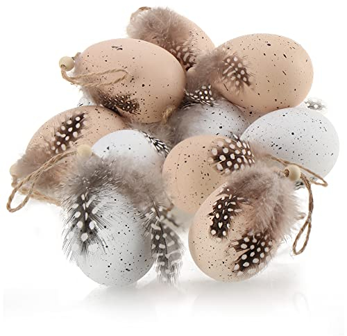 com-four® 12x Ostereier zum Anhängen - Hängedeko für den Osterstrauch 7 x 5 cm - Deko-Ostereier mit Federn und Holzperle in Wachtelei-Optik - Deko-Eier aus Kunststoff