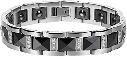 Aruie Herren-Armband, Wolfram, Stahl, Keramik, facettiert, Schwarz, Zirkonia, Hämatit, Intarsien, silberfarben, Handkette, Schmuck, Keramik
