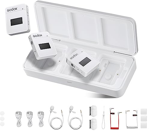 GODOX MoveLink II M2 microfono Wireless Lavalier Kit, 2.4 GHz 100m Cancellazione del rumore 2 TX+1 RX con custodia di ricarica per Smartphone, Android, fotocamera, Vlog, Livestream, Youtube(Bianco)