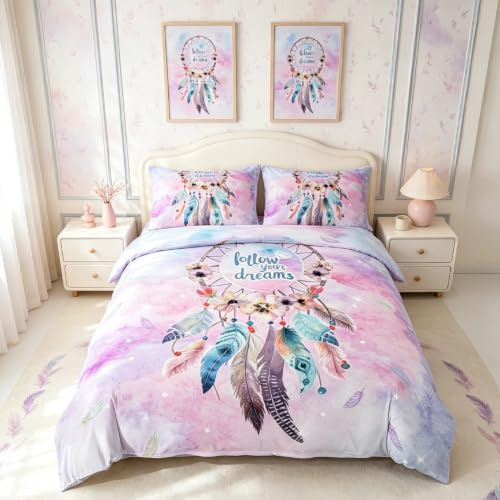 Homemissing Dreamcatcher Bettwäsche 140 x 200 cm Traumfänger Blumen Federn Bettbezug Traumjäger Bettwäsche Kinder Teenager Bunt Bohamian Bettbezug Rosa Bunt Tie - Dye