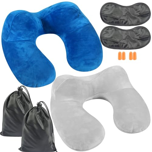 Nackenkissen Aufblasbar 2 Set,Nackenkissen Reisekissen Aufblasbare kompakte Nackenhörnchen egornomische Kopfstütze für Flugzeug Reisen Züge und Autos,Tragbares Travel Pillow,mit Augenbinde Ohrstöpseln