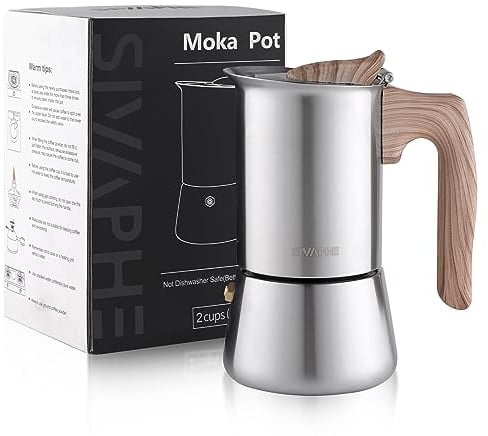 Sivaphe Caffettiera per caffè espresso a induzione, in acciaio inox, senza alluminio, 2 tazze da 100 ml
