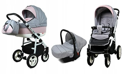 BabyLux® Bambimo Kinderwagen Set 3 in 1 - Alu Way - incl. Babywanne, Buggy Sportsitz, Auto-Babyschale - Autositz - Kinderwagenset - Kombikinderwagen mit Wickeltasche, Regenschutz usw.