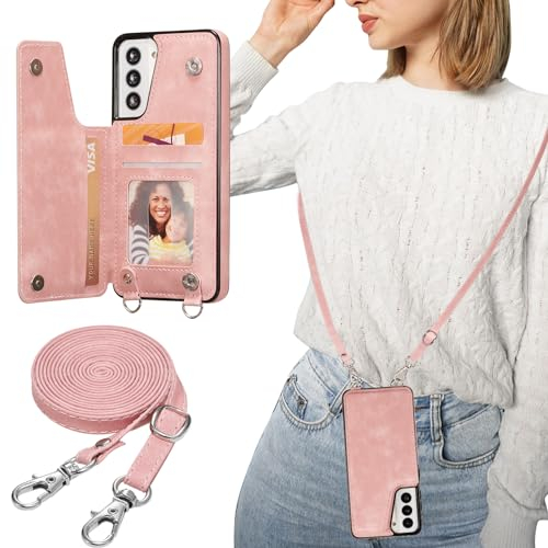 ZTOFERA Handyhülle mit Band Kette für Samsung Galaxy S22, Matt Weiche Rückseite Hülle mit Kartenfach Kordel Schnur Umhängeband, Premium PU Leder + TPU Schutzhülle Lanyard Case, Roségold