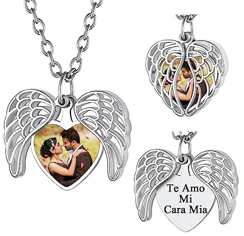 FindChic Personalisierte Medaillon zum Öffnen Kupfer Foto Kette Damen Herz Engelsflügel Medaillon mit Gravur Locket Necklace, Silber, 50+5cm, Geschenke für Weihnachten Geburtstag
