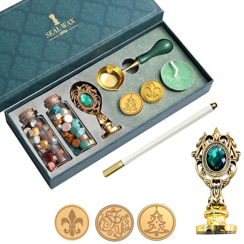 Wachssiegel Stempel Set, Wachssiegel Set mit 3 Stück Siegelstempel, 130 Siegelwachs Perlen, Wachs Siegel Stempel Kit Siegelstempel Set für Umschlag Hochzeit Einladung Brief Geschenkverpackung