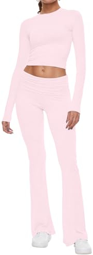 AnotherChill 2-teiliges Lounge-Set für Damen, umklappbar, lange Ärmel, bauchfreies Oberteil, lässige Outfits, Schlafanzug, rose, XS/S