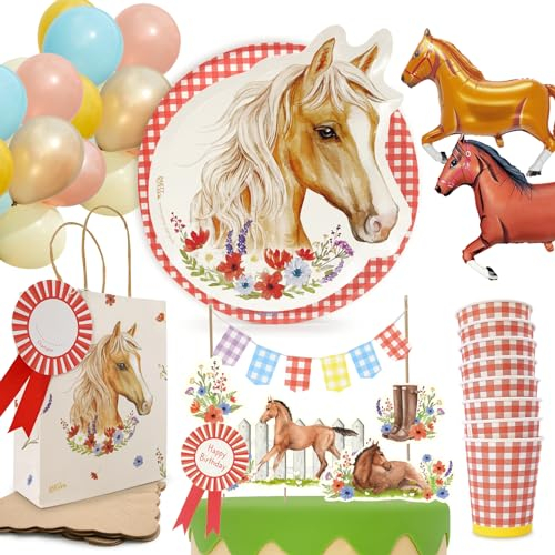 PARTY PARTY 66 Teile Pferde Geburtstag Set Rot 8 Kinder, GESCHENKTÜTEN + PARTYGESCHIRR + CAKETOPPER + BALLONS, Geburtstag Pferde Deko, Pferdegeburtstag, Mädchen