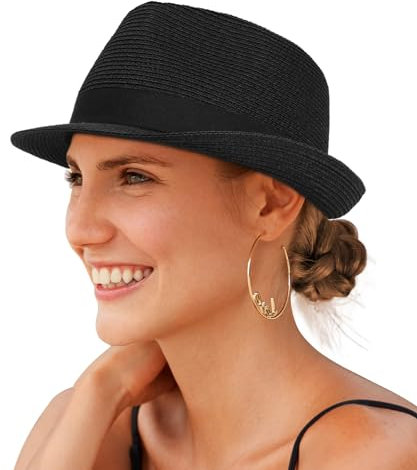 Creekstone Chapeau de Soleil Fedora en Paille pour Homme et Femme à Bord Court Panama Trilby Chapeau Été de Plage Pliable UPF 50+ (FR/ES, Alpha/Lettres, L, Noir)