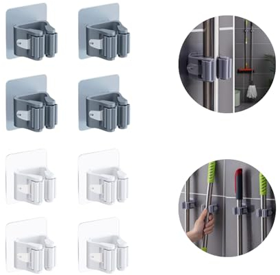 (8 uds.) Colgador de escobas y recogedores; Adhesivo fuerte sin taladro ni clavos; Impermeable; Soporte para fregonas; Ganchos aptos para cocina, jardín, garaje, baño, dormitorio(4 blancos y 4 grises)