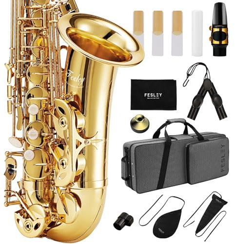 Fesley Saxophon E Flat Altsaxophon: Saxofón Alt für Profis, Altsaxophone für Anfänger & Studenten, Saxophone mit Rohrblättern, Umhängeband, Saxophonetui & tragbares Reinigungsset, Gold