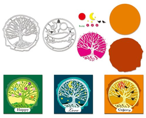 BENECREAT 2 fustelle per tagliare l'albero della vita, stencil per sfondo di bordo dell'albero, stencil per goffratura decorativi per sole, luna, stelle per scrapbooking, album fotografico, biglietti