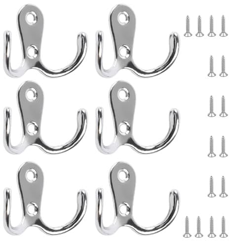 KTHZI 6 Pack Double Prong Robe Hooks with 16 PCS Screws,Chrome Wall Mounted Dual Coat Hooks,Hanging Clothes Hooks for Bathroom,Bedroom,Door,Kitchen Wall(Sliver)