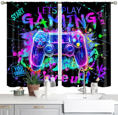 Gaming Küchenvorhänge mit Graffiti-Gamepad-Design, bunt und cool für Jungszimmer. Kurze Café-Vorhänge (66 x 91,4 cm) für Fenster im Spielzimmer, Kinderzimmer, Wohnzimmer oder Gaming-Bereich