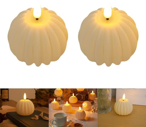 Battery Operated Pumpkin Candle, Kürbis LED Kerzen Flammenlose Flackern Kerze Licht, Halloween Kürbis Teelichter Kerzen, Herbstdeko LED, Tischdeko Laterne für Haus, Halloween Party (2PCS)