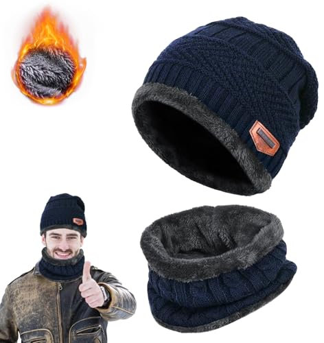 DONGSZQ 2 in 1 Winter Beanie Hut, Schal, Winter Warm Mütze und Loop Schal Set, Beanie Mütze und Loop Schlauchschal, Doppelschichtiger Plüschfutterhut und Halswärmer für Herren und Damen