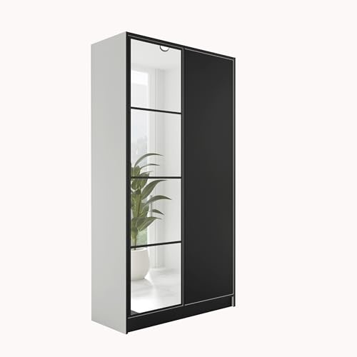 KIER FURNITURE Kleiderschrank mit Spiegel - Schrank Schlafzimmer - Garderobenschrank Flur - Ausziehbare Kleiderstange - Eden v4 - BxHxT 104,8x205x39cm - 2 Türen - Weiß & Schwarz