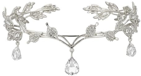 Yuqilin Prinzessin Crystal Crown,Göttin Tiara Elfenkrone Elfen Kopfschmuck Blatt Crystal Crown Elfe Cosplay Fee Kostüm Damen Haarreif Diadem,für Cosplay Renaissance Braut Brautjungfern（Silber）