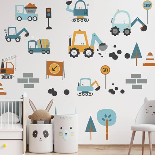 GRAZDesign Baustelle Wandtattoo für Kinderzimmer - Bagger, Kran & Fahrzeuge - Wanddekoration für Jungenzimmer