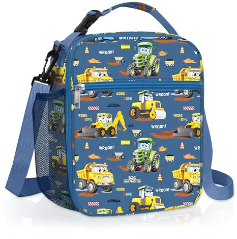 Clastyle Car Insulated Kids Lunch Bag Truck Large Thermal Cooler Bag for Boy Picnic School Lunch Box Tote,Yellow Excavator