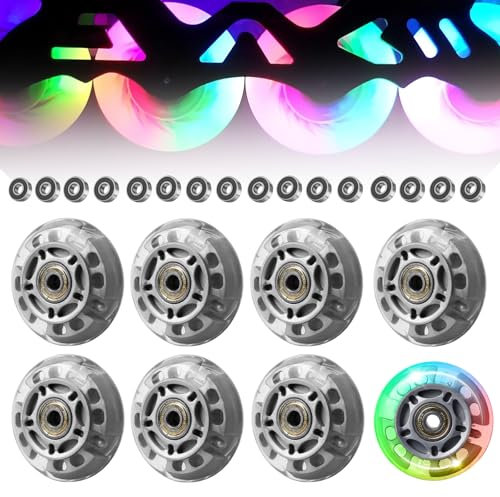 GOEDCH Juego de Ruedas de Repuesto para Patines en Línea: Paquete de 8 72mm Ruedas para Patines en Línea para Exteriores e Interiores, Polea de Rueda Transparente Plateada con Rodamientos