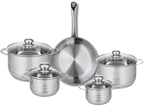 ELO 9871950 Batterie de cuisine 5 pièces, Ensemble de 1 Poêle de cuisson 28 cm et 4 faitouts 14, 16, 20 et 24 cm Elo Profi Brillant, inox, induction, Gris Flanelle