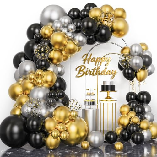 Riqiaqia 147Stück Schwarz Gold Luftballon Girlande, Gold Schwarz Silber Luftballons Geburtstagsdeko für Geburtstag, Silvester Deko 2026, Abschluss Party Deko, Hochzeit