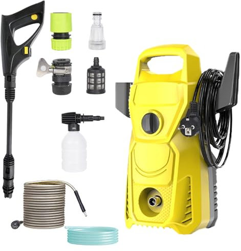 Hochdruckreiniger Max 135Bar, Tragbar Leistungsstarker Strahlreiniger, 1500W, 350L/h, Schlauch 1,8 m/10 m und Schnellkupplung, Schaumkrug, 1.5M Elektrokabel, Haus, Garten＆Auto (Gelb)