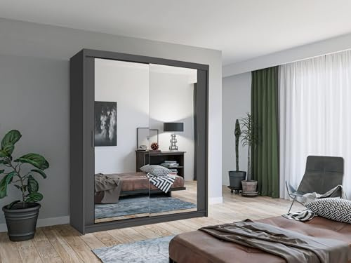 Krudox LUX Grau Schiebetürenschrank Kleiderschrank 180x216x62 cm mit Spiegel - Schlafzimmermöbel, Aufbewahrung – Mehrzweckschrank mit 2 Kleiderstangen