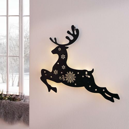 FRANK FLECHTWAREN LED-Wanddeko Rentier | Mattschwarz lackiertes Metall, 27 warmweiße LEDs, Batteriebetrieben, Timerfunktion