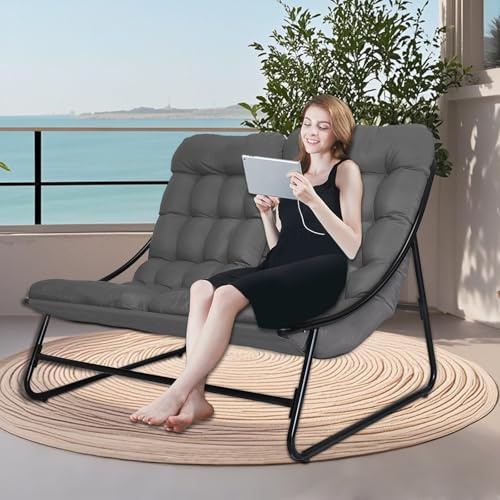OVLRIJP Loungesessel Outdoor, Outdoorsessel, Doppelliege Outdoor, Gartensessel mit 8cm Auflage Abnehmbar, Gartenliege 2 Personen, Relaxsessel Garten, Relaxliege für Garten,Terrasse (Grau)