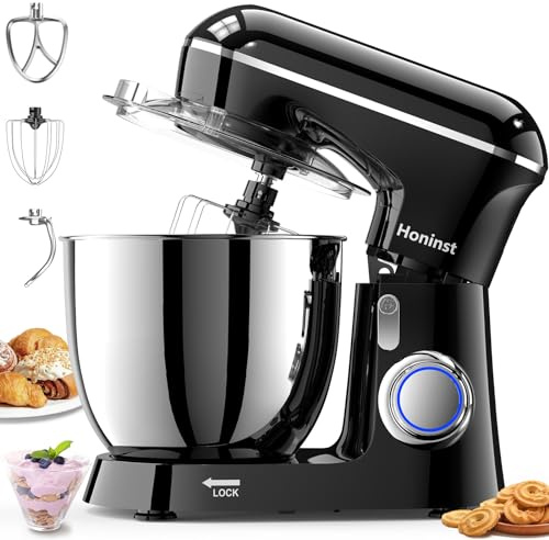 Honinst Küchenmaschine Knetmaschine, 1400 W, 6,5 L Edelstahlschüssel | Zum Teigkneten & Backen, 10 Geschwindigkeitsstufen, mit Knethaken, Rühr- & Schneebesen, für Brot- & Pizzateig,Schwarz