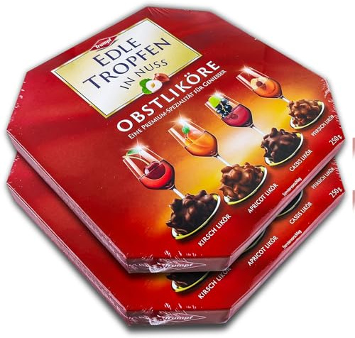 2 er Pack Trumpf Edle Tropfen in Nuss Obstliköre 2 x 250g Flüssig gefüllte Alkohol-Pralinen mit Milchschokolade-Überzug und Haselnüssen, 4-fach sortiert
