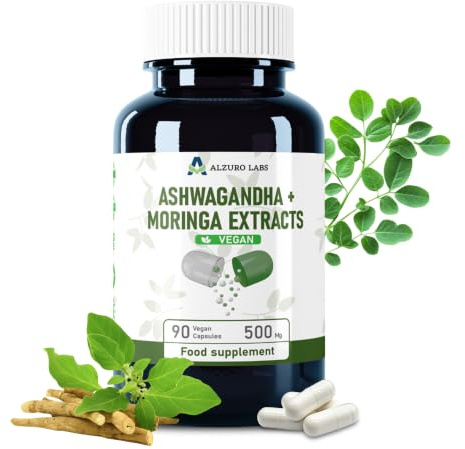 Alzuro Labs Ashwagandha & Moringa équivalent 7 500 mg | extraits 20:1 & 10:1 | 500 mg/jour | 90 gélules végétales | BPF & testé en laboratoire tiers