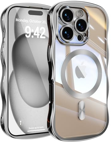 UEEBAI for iPhone 16 Pro Max Case, Cute Wave Translucent Frame Magnetic Phone Case Compatible with Magsafe Full Camera Protection Cover Soft Electroplated Phone Cover for Women Girls - Sliver