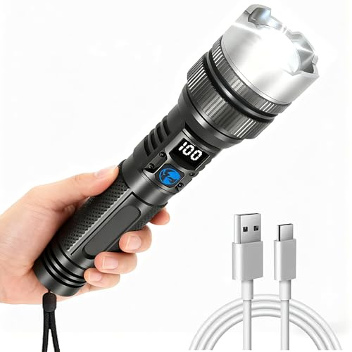 AFIODA LED Torch Rechargeable Super Bright White Flashlight with LCD Power Display, 1000m Long Range Zoomable Spotlight, Type-C Fast Charging, Waterproof Outdoor Torch for Camping, Hiking, Emergency