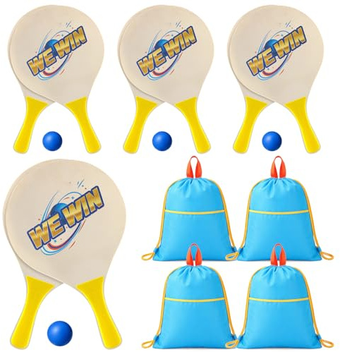 Junkin 4 Pairs Beach Paddle Ball Set Badminton Rackets Funny Paddleball Rackets Game with 8 Racket 4 Paddle Ball 4 Drawstring Bag for Indoor Outdoor Summer Sports Toys Game Backyard Park Camping Yard
