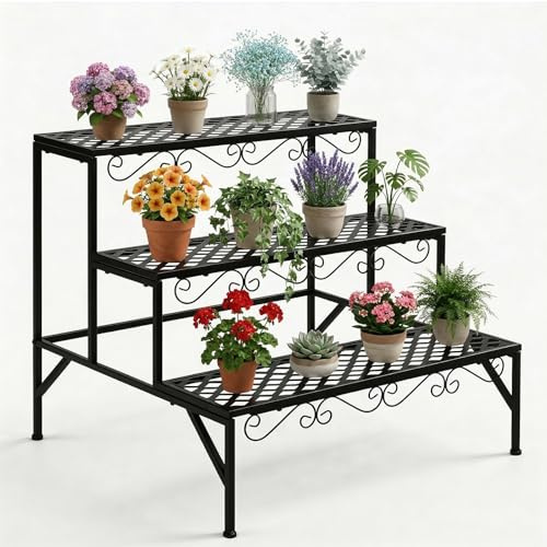 homelikesport 3-stöckige Metall Blumentreppe, Pflanzentreppe für Balkon Garten Wohnzimmer, wetterfestes Blumenregal als Deko, 70x60x60cm Schwarz