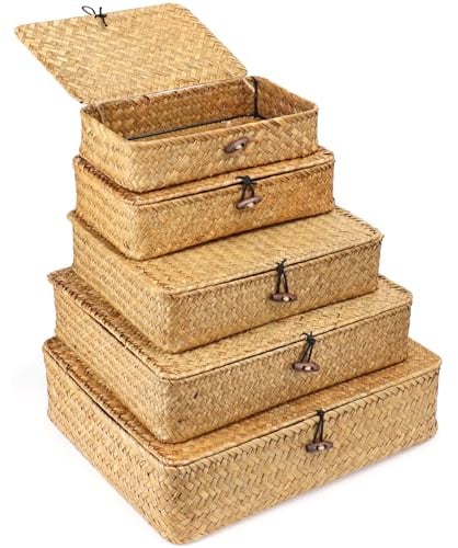 5 Stück Aufbewahrungskorb mit Deckel, Rattan Aufbewahrung Korb Aufbewahrungskorb aus geflochtenem Seegras Geflochtener Rechteckig Aufbewahrungskorb für die Organisation von Rattanbehält（5 Größen）