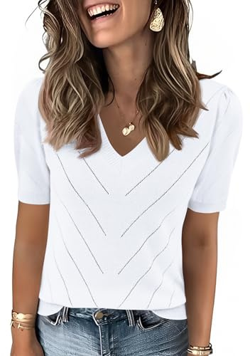 Rapbin Women's Jumpers UK Puff Short Sleeve Tops Clothes Fashion V Neck Shirt Clothing Summer Casual Work Sweater Pullover