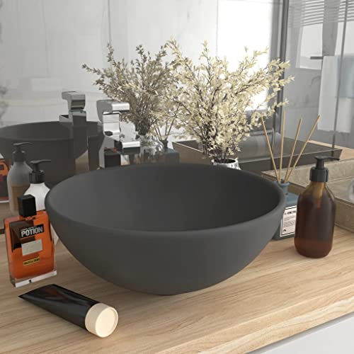 Kaloriko Lavabo di lusso in ceramica opaca, grigio scuro, 32,5 x 14 cm, lavello rotondo con foro di drenaggio, ideale per bagno degli ospiti, WC e lavandino, soluzione moderna per lavabo