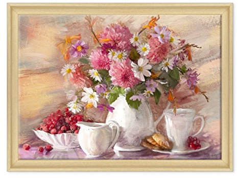 Quadro su Tela Canvas INTELAIATO - con Cornice - Natura Morta - Vaso con Fiori Rosa e Bianchi - 50x70cm - Stile Contemporaneo Legno Naturale - (cod.1704)