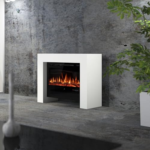 muenkel design BRIDGE - Elektrokamin Standkamin Kamin-Ofen - 1180 mm breit inkl. PARIS 920 Elektroeinsatz mit Heizfunktion – weiß warm